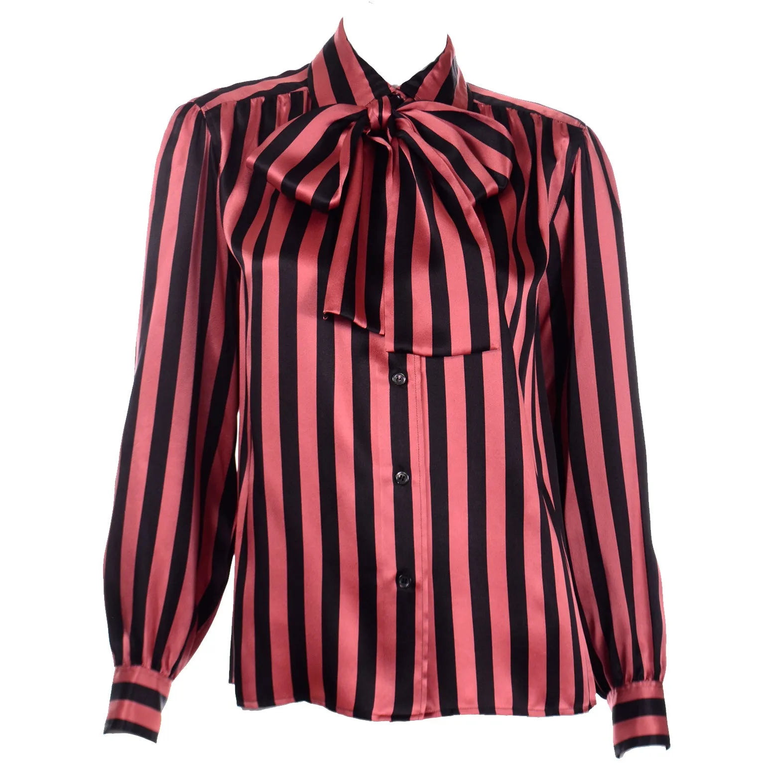 1980's Yves Saint Laurent Orange & Black Striped Silk Bow Blouse