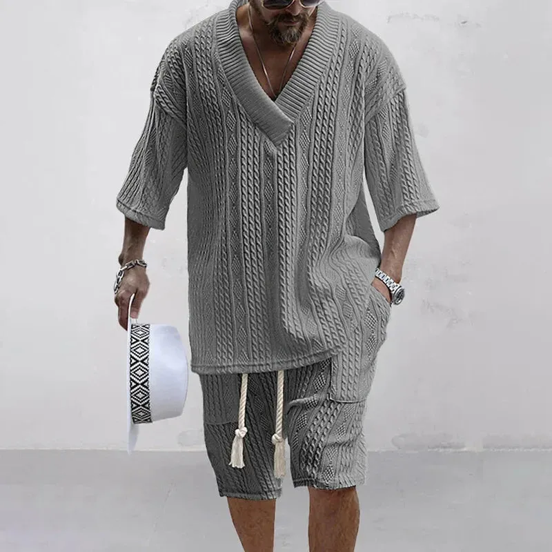 2024 Summer Casual Shorts Set Knitted Two Piece Men's Clothing V-Neck Short Sleeve T-shirt and Shorts Streetwear Knit Outfits