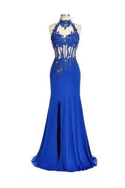 2025 Blue Mermaid/Trumpet Halter Sleeveless Natural Stretch Satin Prom Dresses