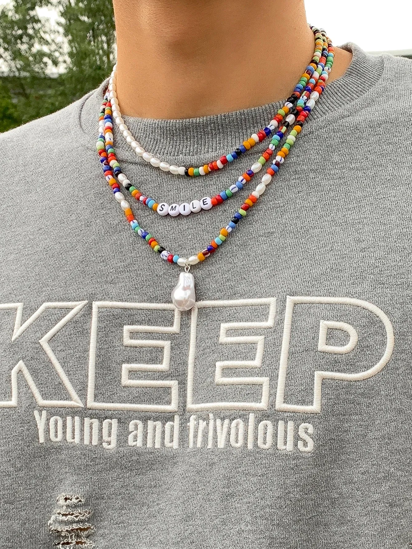 3pcs Men Smile Decor Beaded Necklace for Vacation and for a Stylish Look