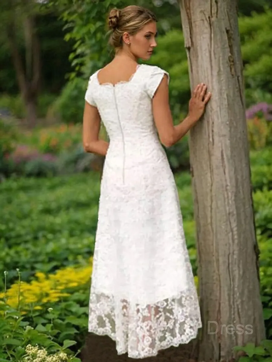 A-Line Scoop Asymmetrical Lace Wedding Dresses