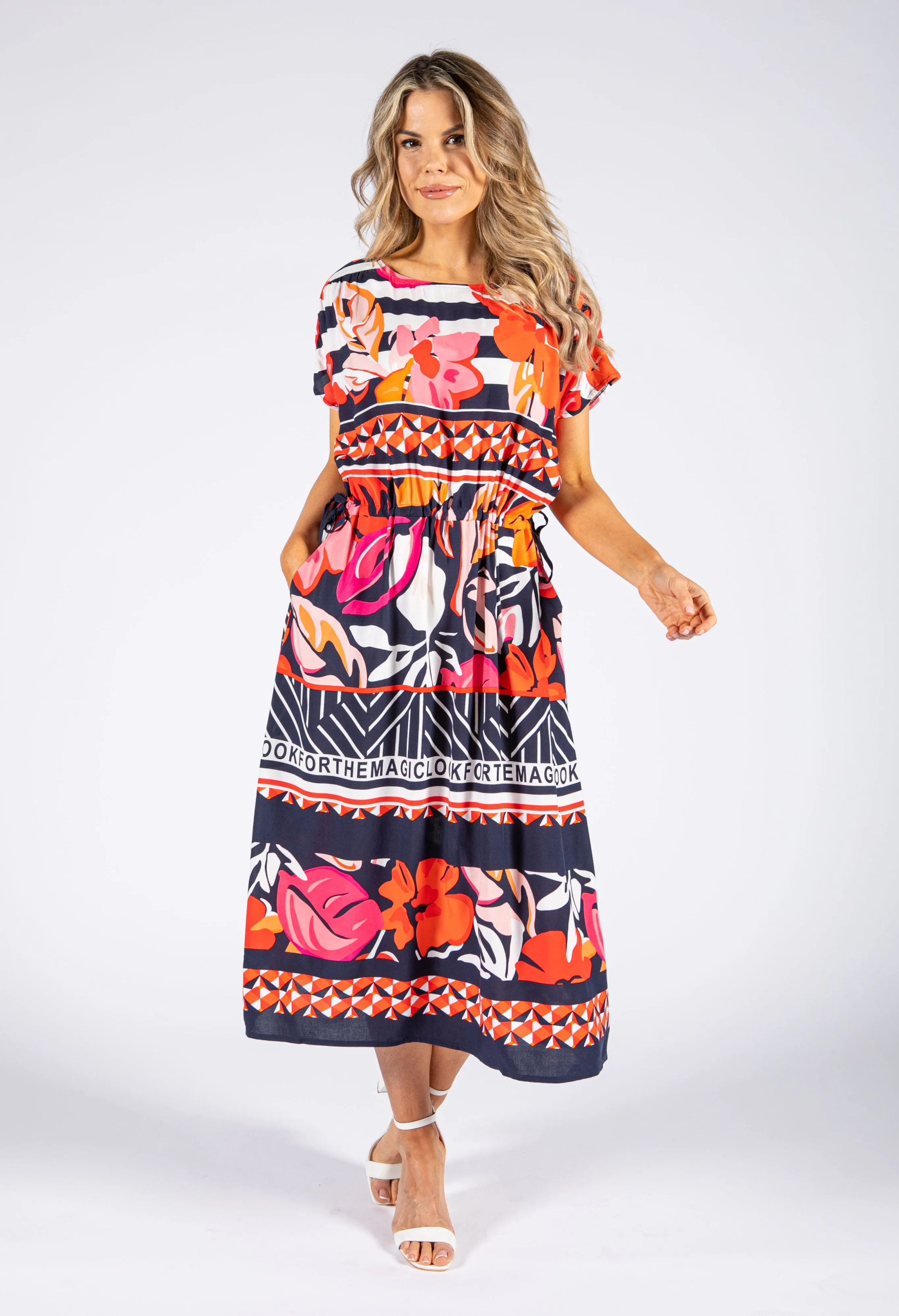 Abstract Floral Print Drawstring Waist Dress