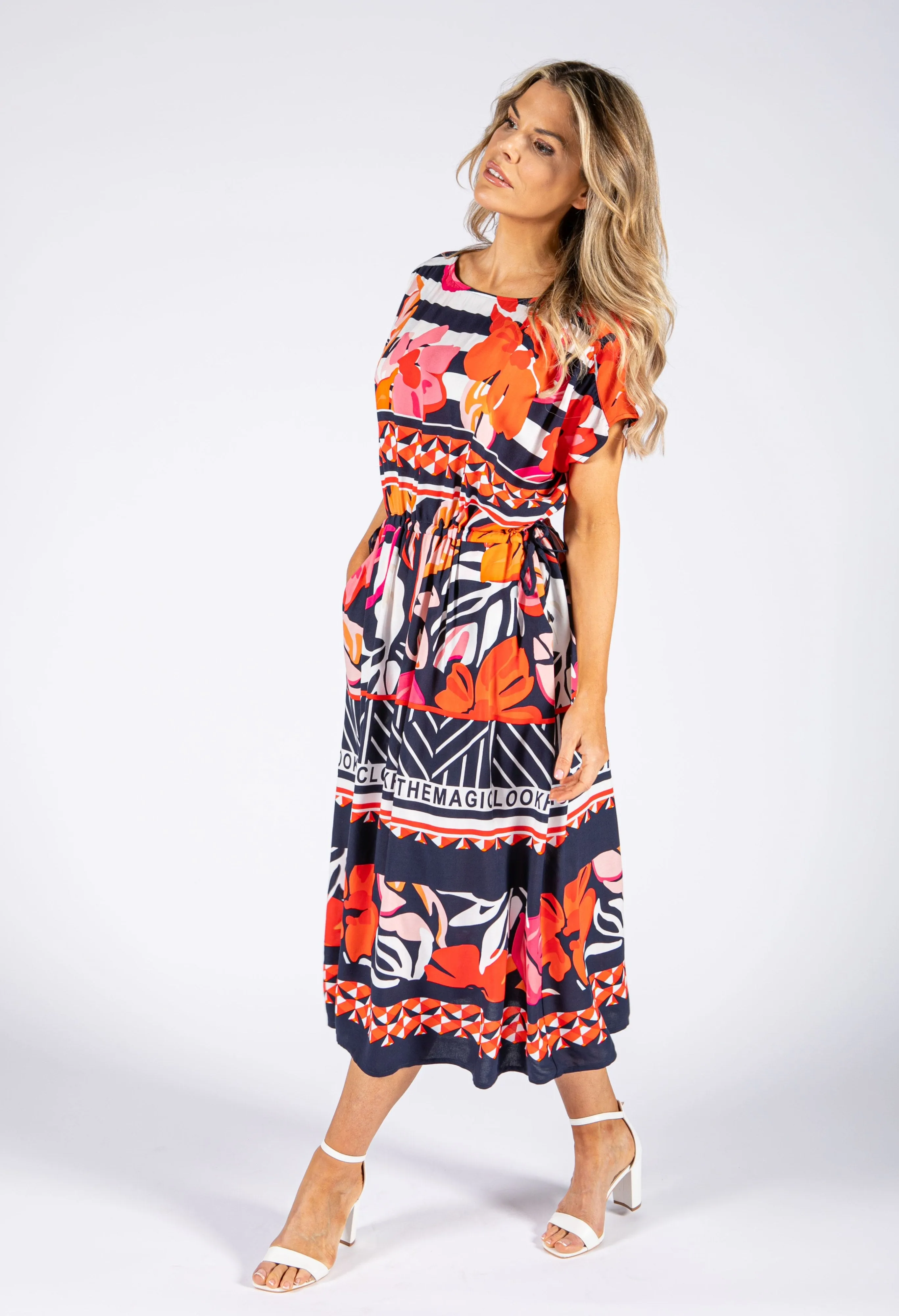 Abstract Floral Print Drawstring Waist Dress