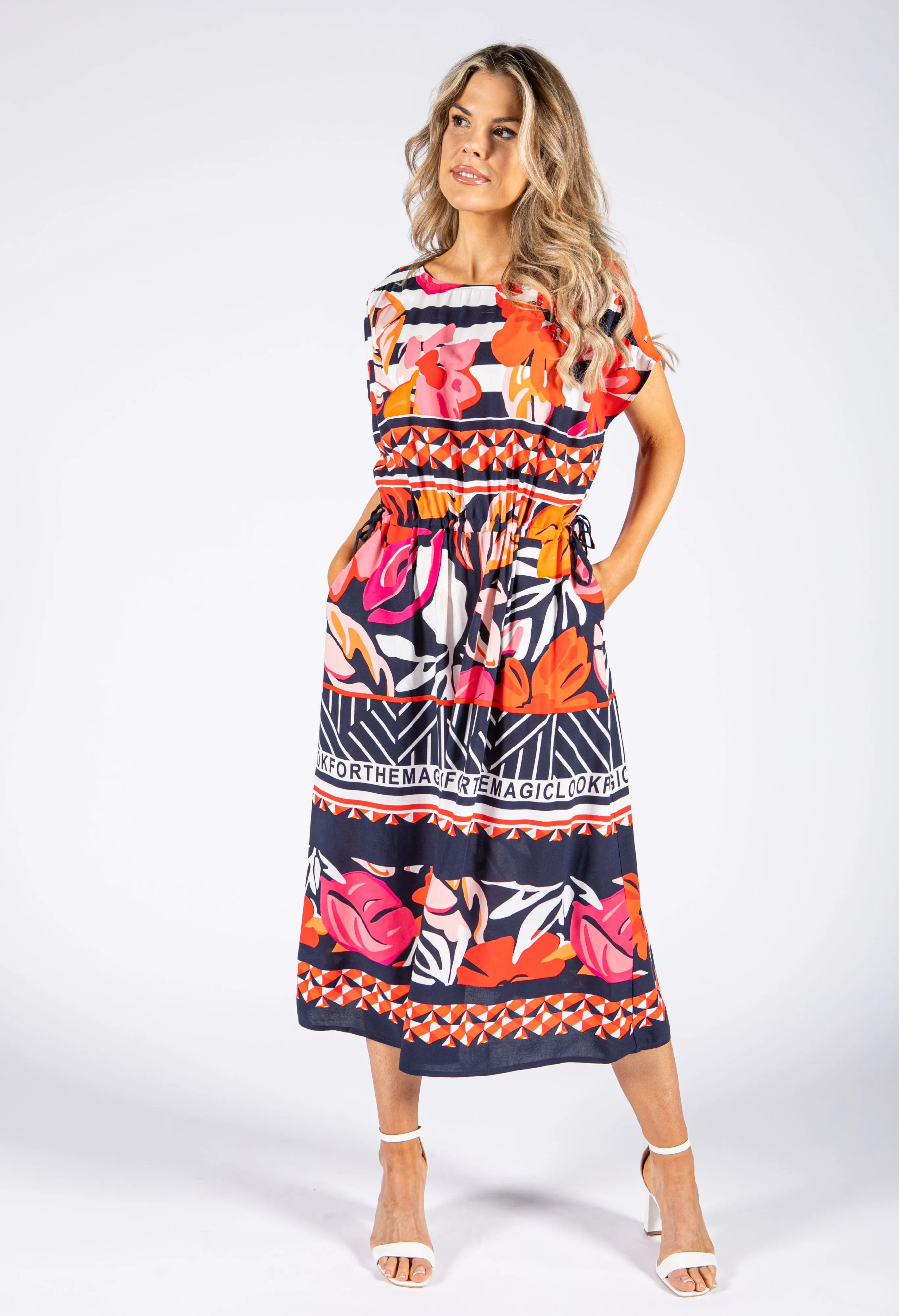 Abstract Floral Print Drawstring Waist Dress