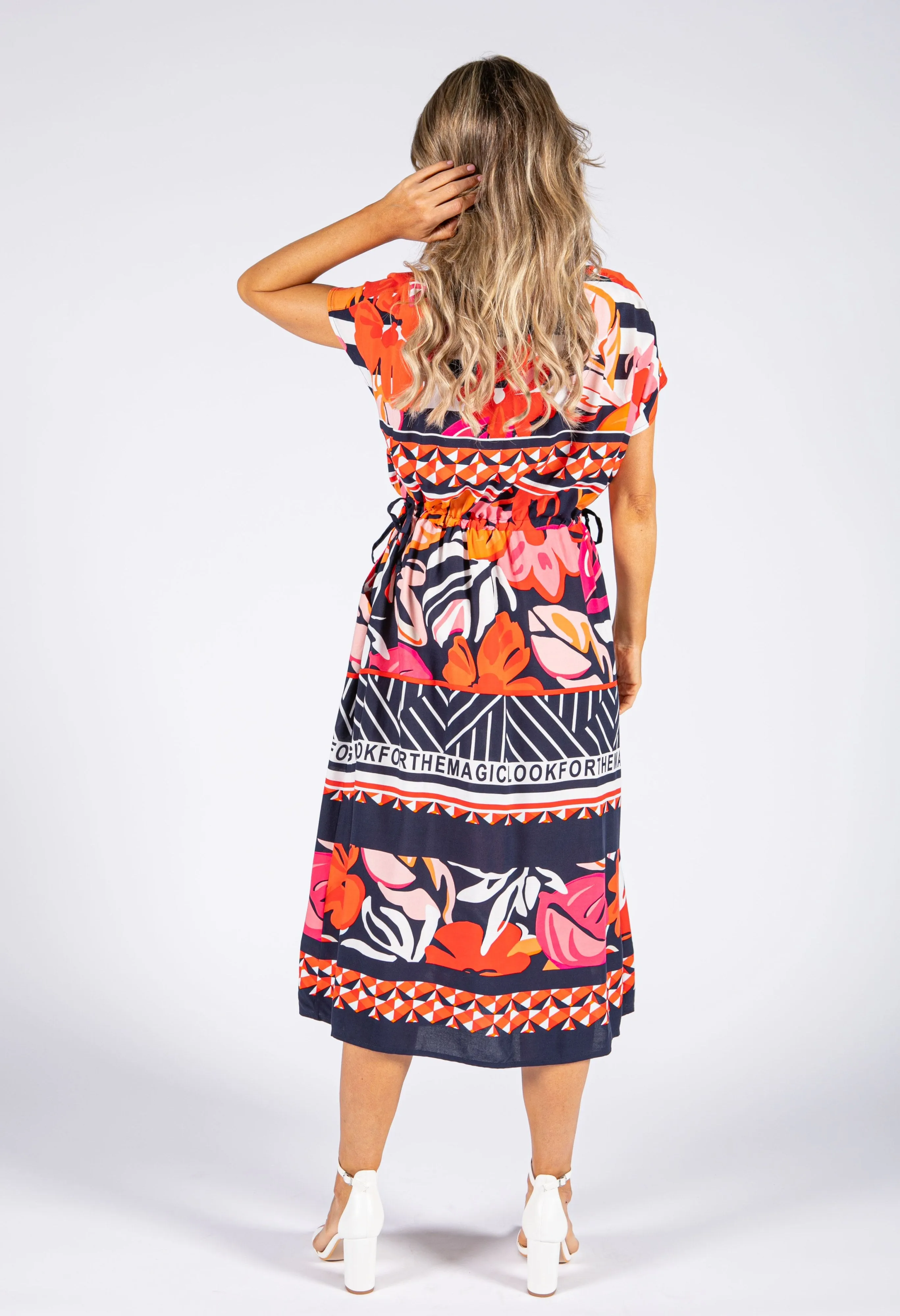 Abstract Floral Print Drawstring Waist Dress