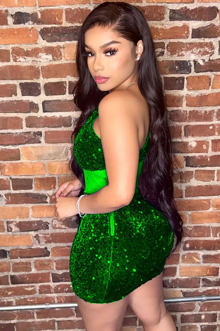 Amozae-hoco dresses -Sparkly One Shoulder Mesh Velvet Sequin Bodycon Party Mini Dress - Green