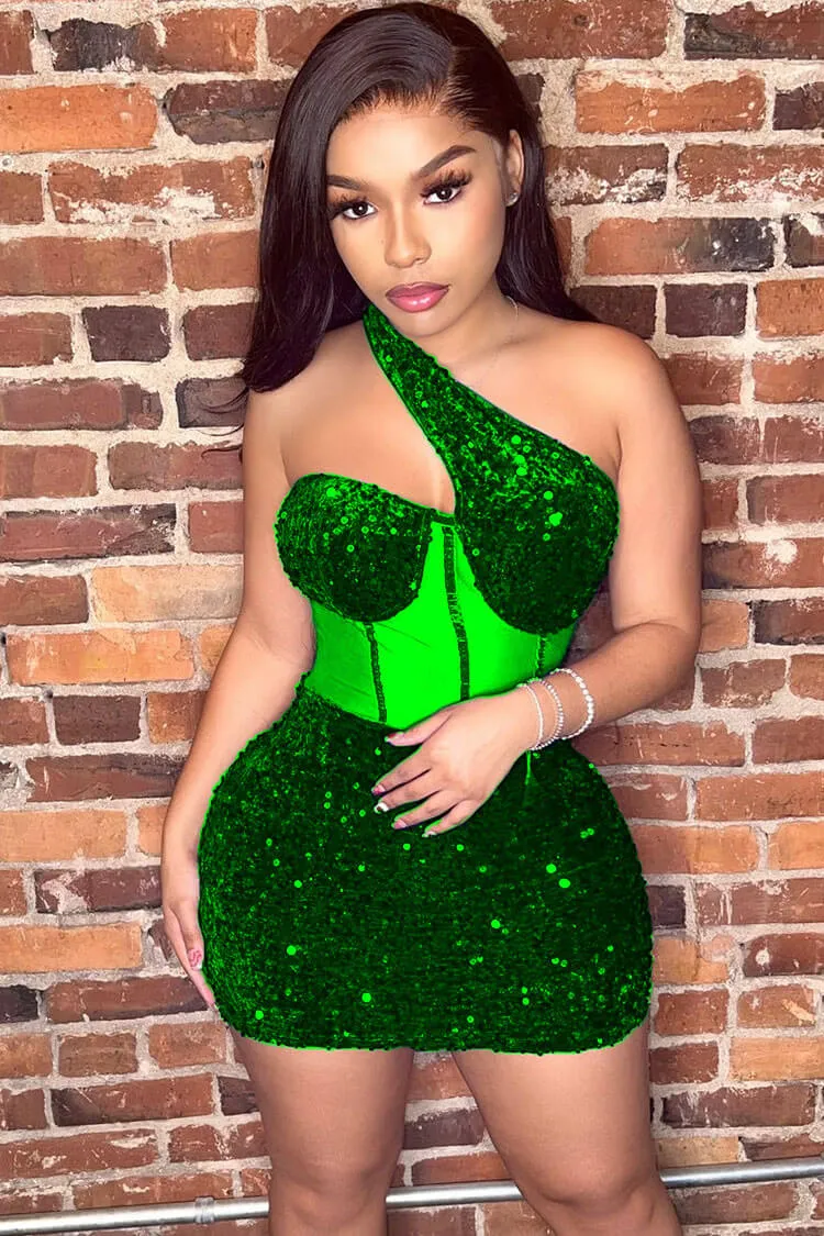 Amozae-hoco dresses -Sparkly One Shoulder Mesh Velvet Sequin Bodycon Party Mini Dress - Green