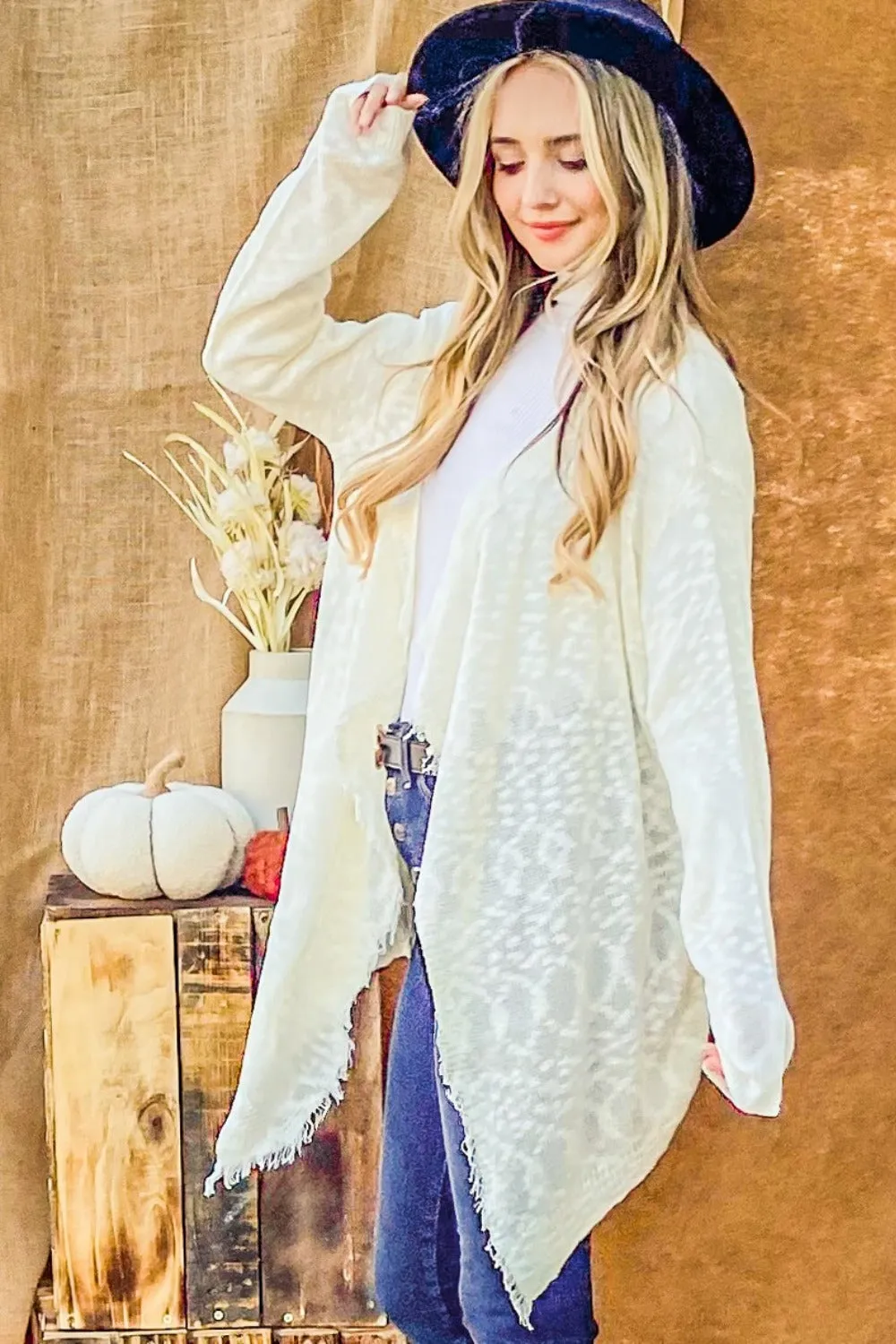 And The Why Textured Knit Fringe Hem Cardigan in Ivory