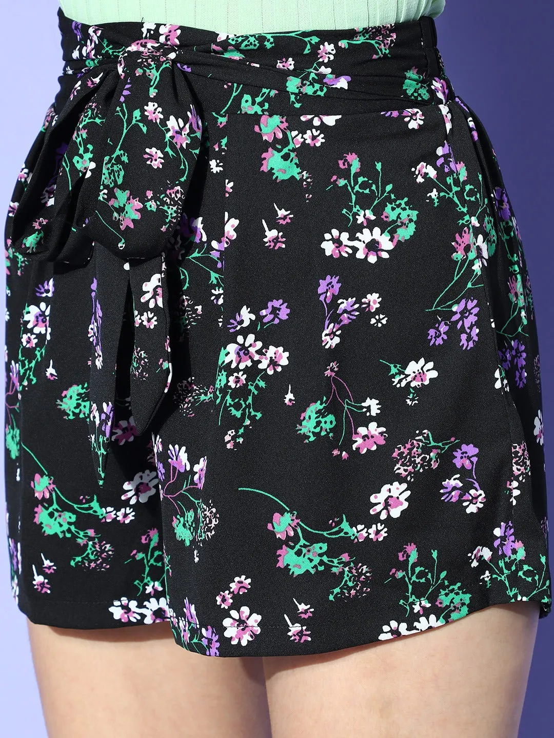 Berrylush Women Black, Green, & Purple Floral Printed Tie-Up High-Rise Elastic Waist Shorts