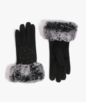 Black Faux Fur Cuff Glove with Sparkling Embellishment