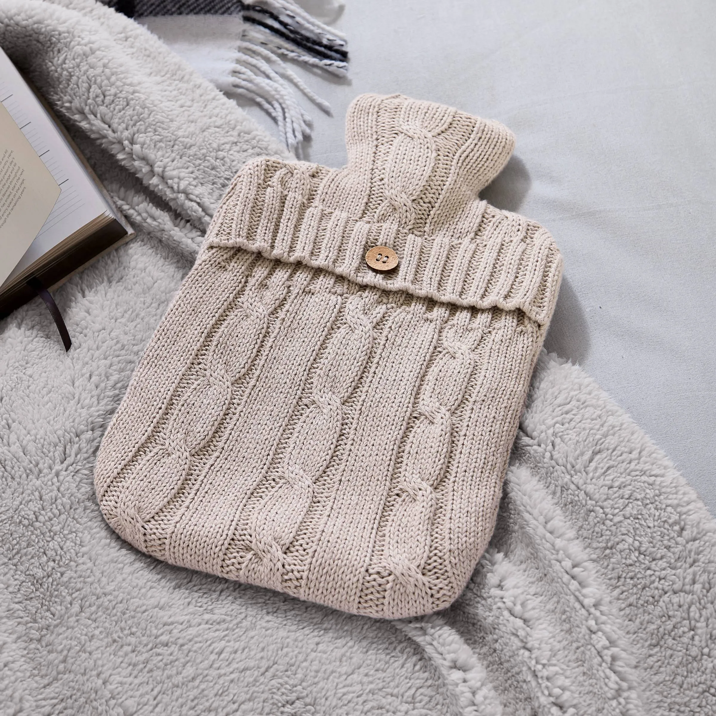 Cable Knit Hot Water Bottle & Cover, Linen