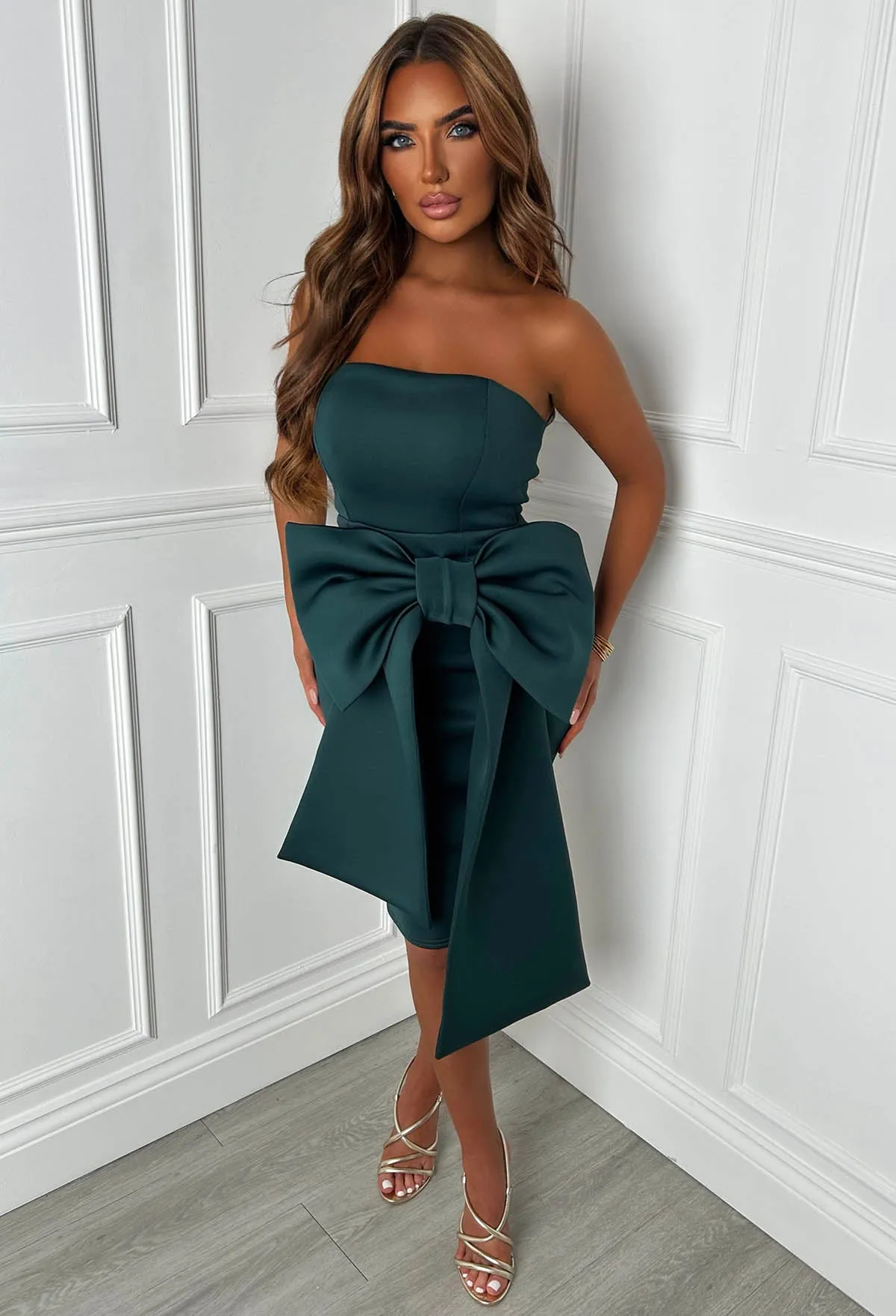 Classy Dream Green Bandeau Bow Skirt Midi Dress