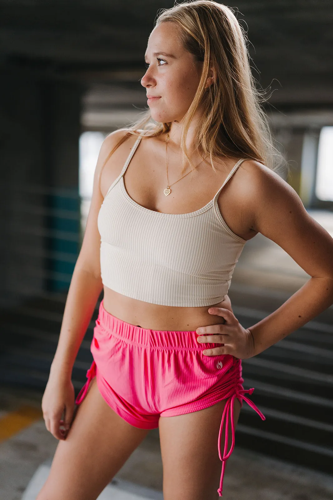 Coral Pink Ribbed String Shorts