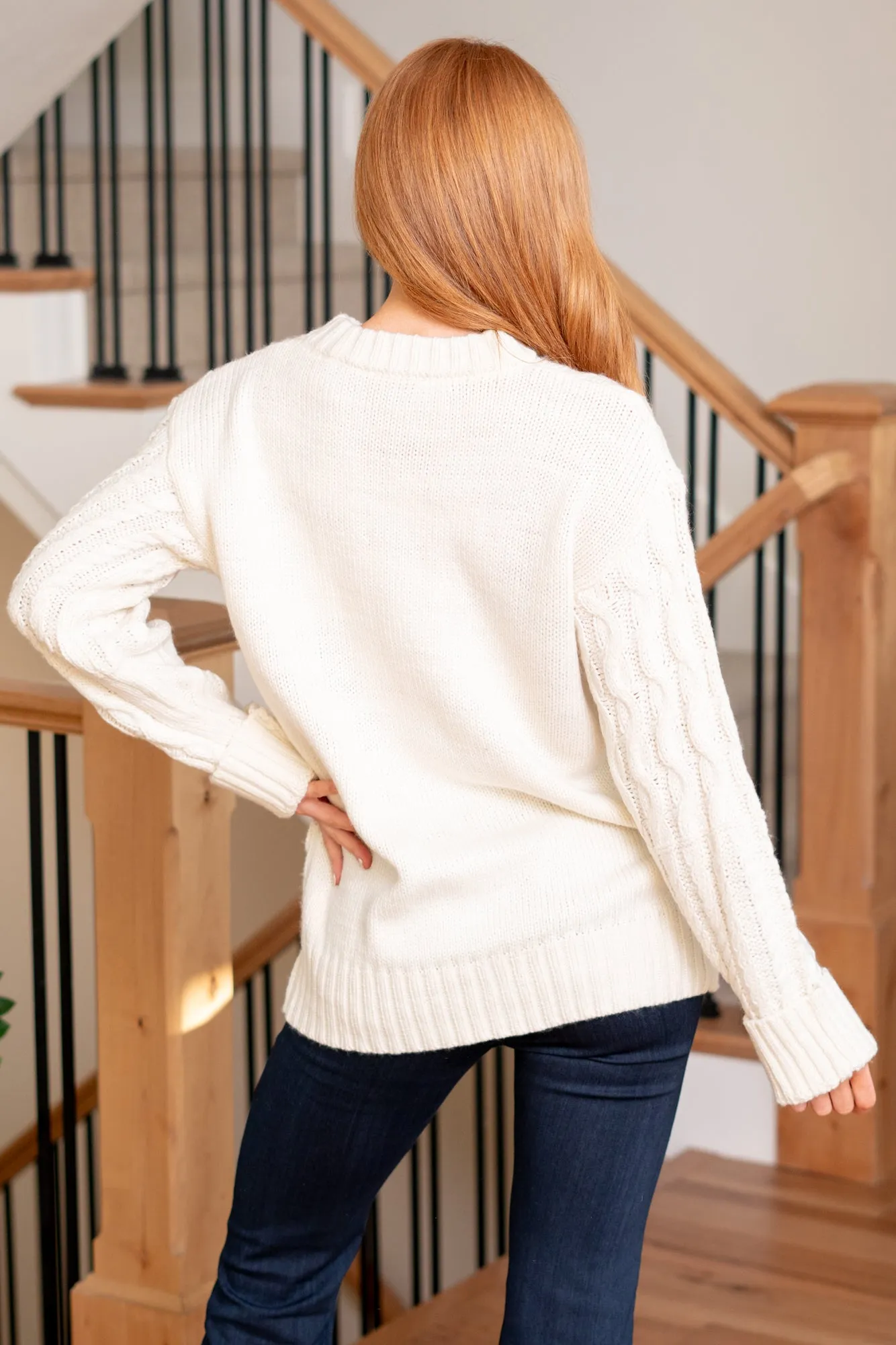 Crew Neck Cable Knit Sweater- Ecru