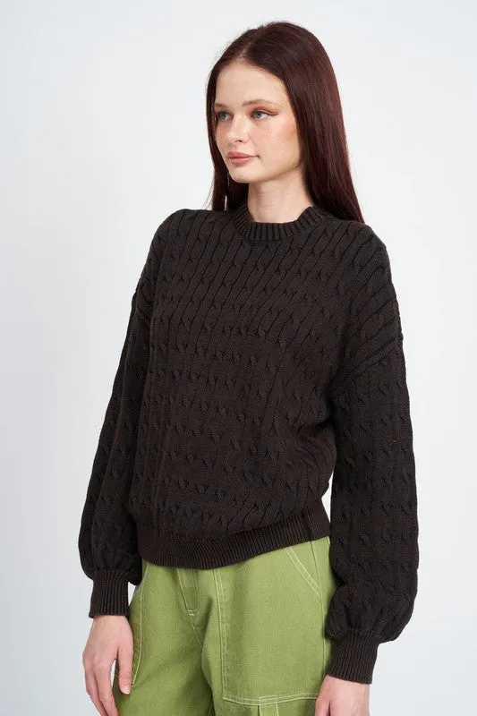 Crew Neck Cable Knit Top with Bubble Sleeves