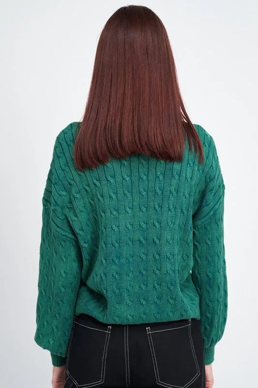 Crew Neck Cable Knit Top with Bubble Sleeves