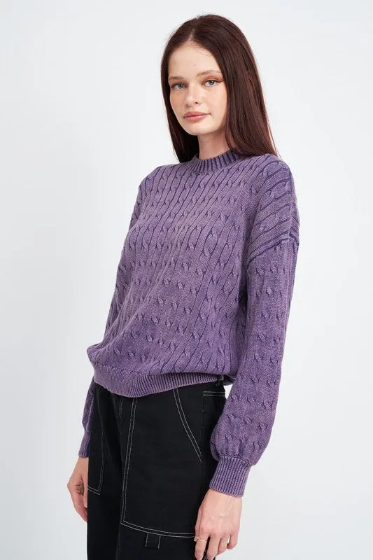 Crew Neck Cable Knit Top with Bubble Sleeves