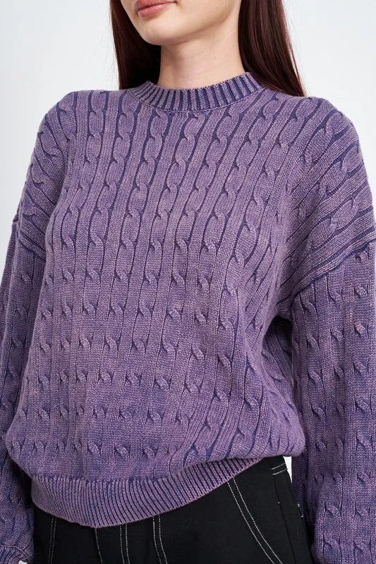 Crew Neck Cable Knit Top with Bubble Sleeves