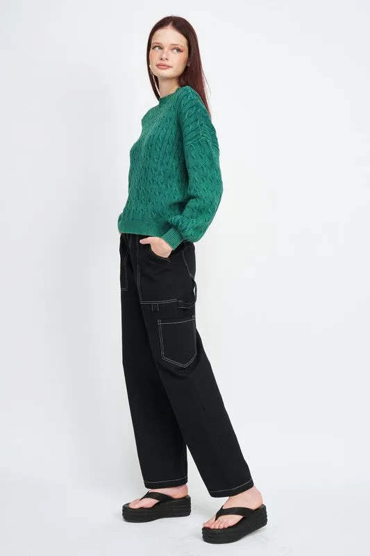 Crew Neck Cable Knit Top with Bubble Sleeves