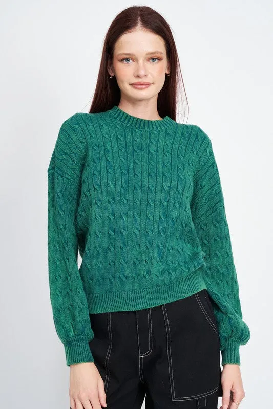 Crew Neck Cable Knit Top with Bubble Sleeves