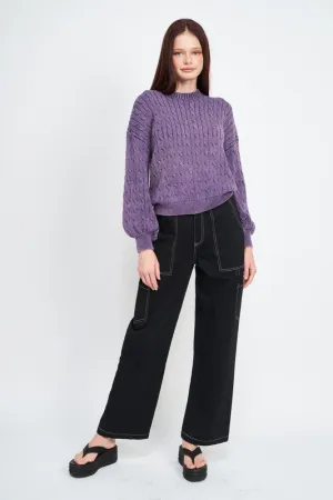 Crew Neck Cable Knit Top with Bubble Sleeves