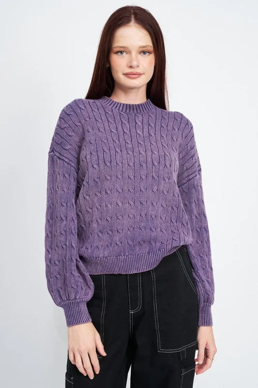 Crew Neck Cable Knit Top with Bubble Sleeves