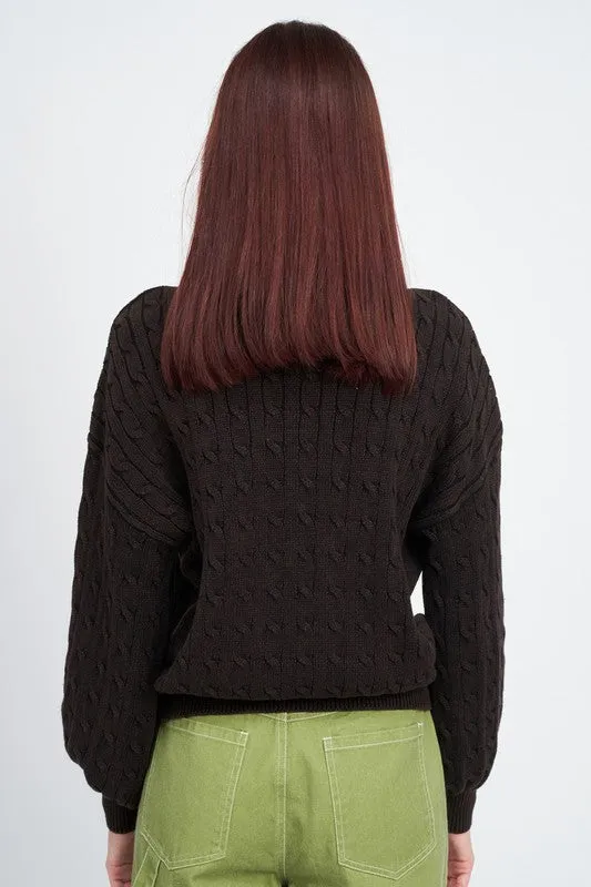 Crew Neck Cable Knit Top with Bubble Sleeves