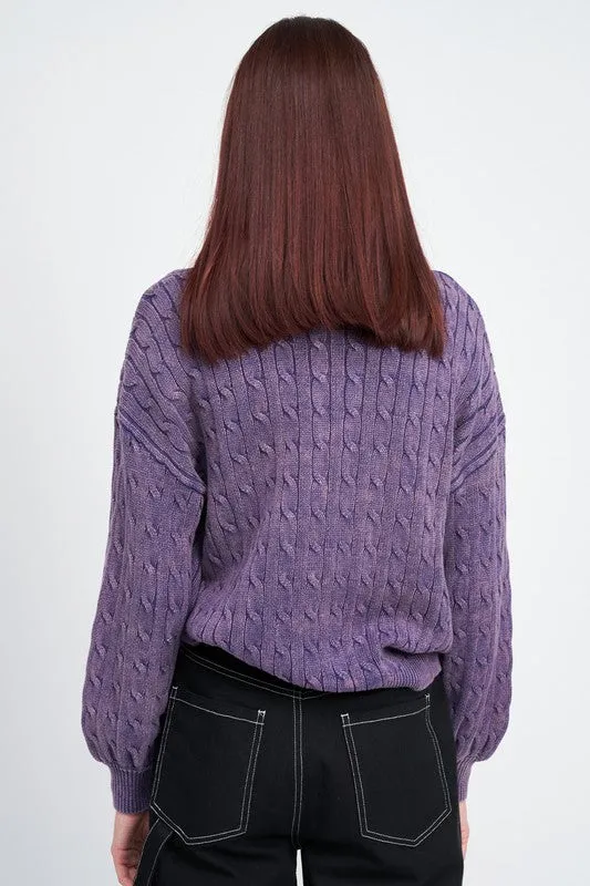 Crew Neck Cable Knit Top with Bubble Sleeves