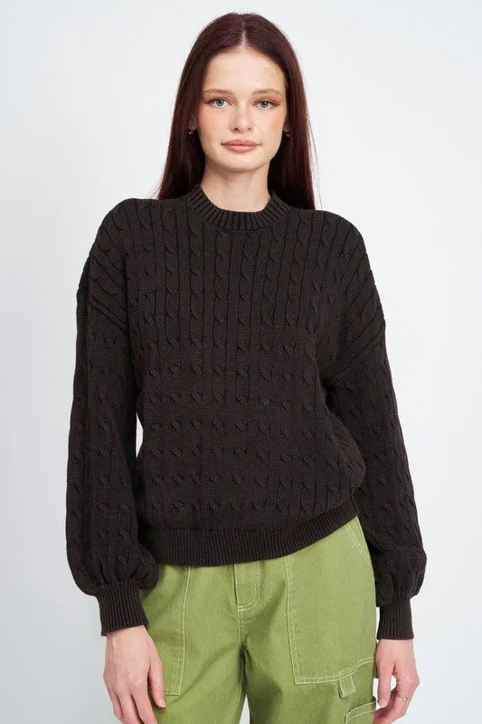 Crew Neck Cable Knit Top with Bubble Sleeves