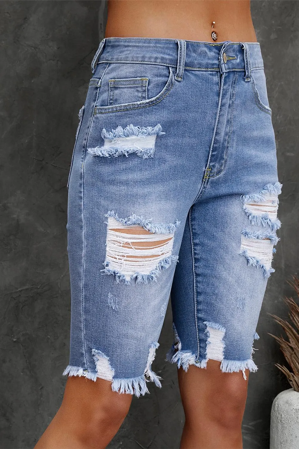 Distressed Frayed Hem Denim Bermuda Shorts