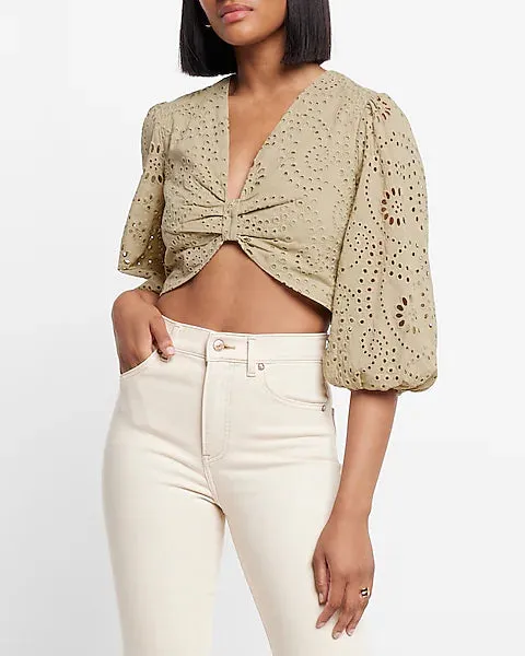 Express Eyelet Puff Sleeve Cropped Top, Size Large