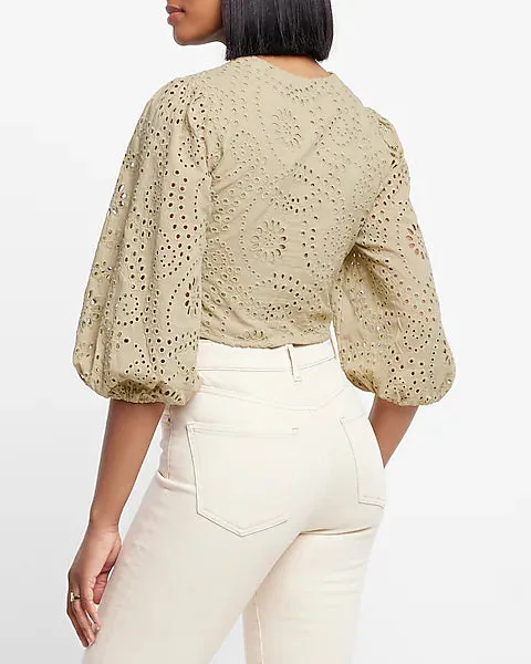 Express Eyelet Puff Sleeve Cropped Top, Size Large