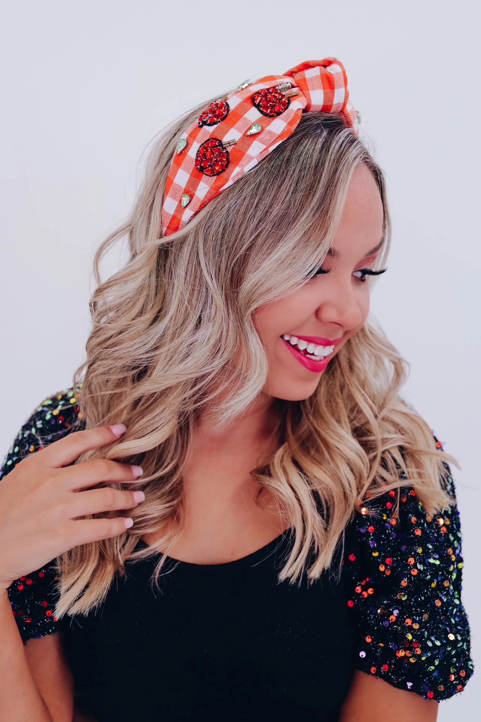 Fall Plaid Pumpkin Knotted Headband - Orange