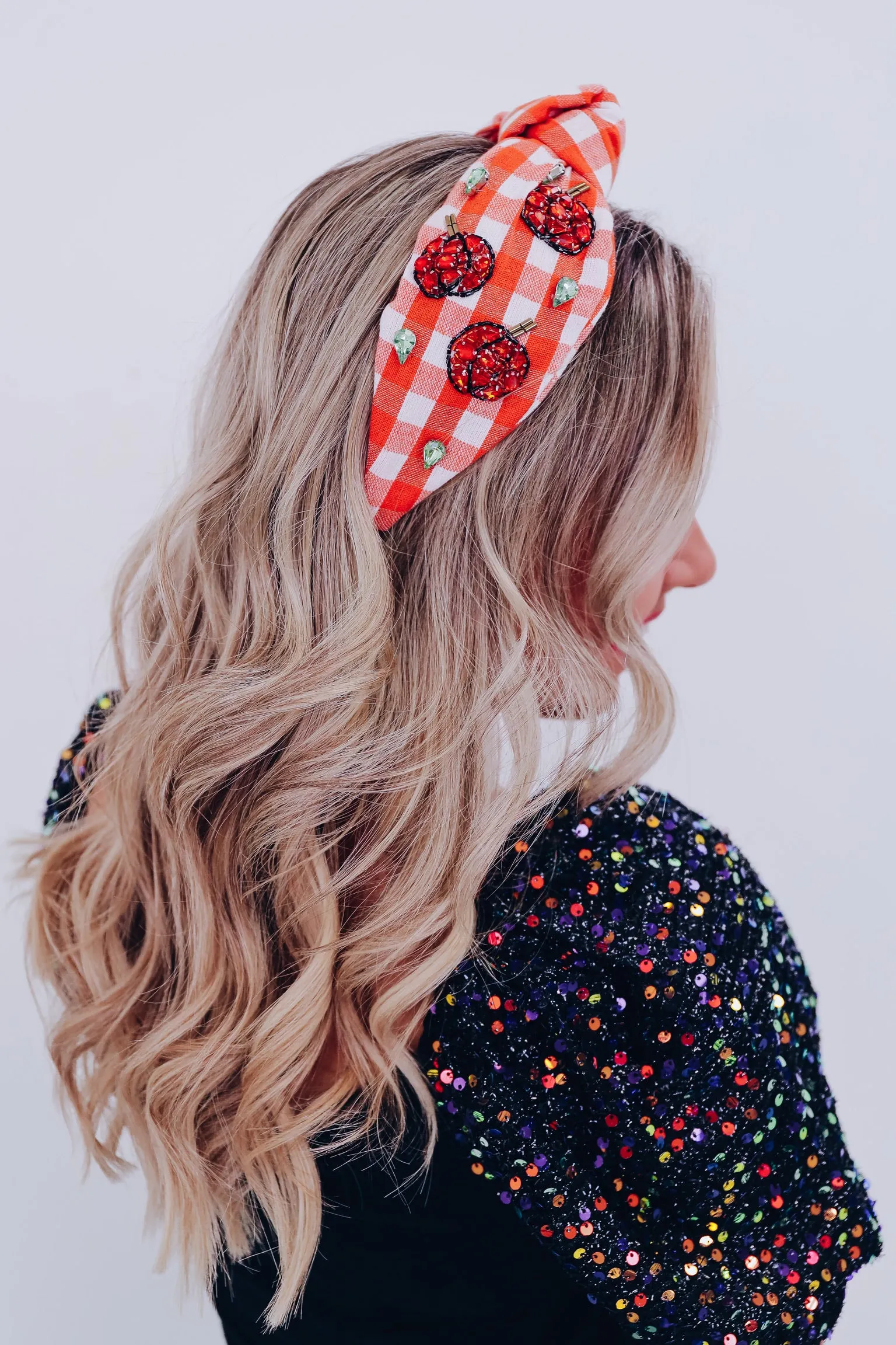 Fall Plaid Pumpkin Knotted Headband - Orange