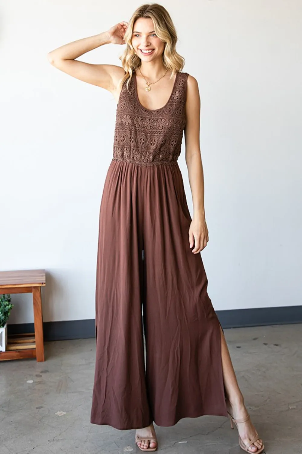 First Love Tie Back Sleeveless Slit Wide Leg Jumpsuit