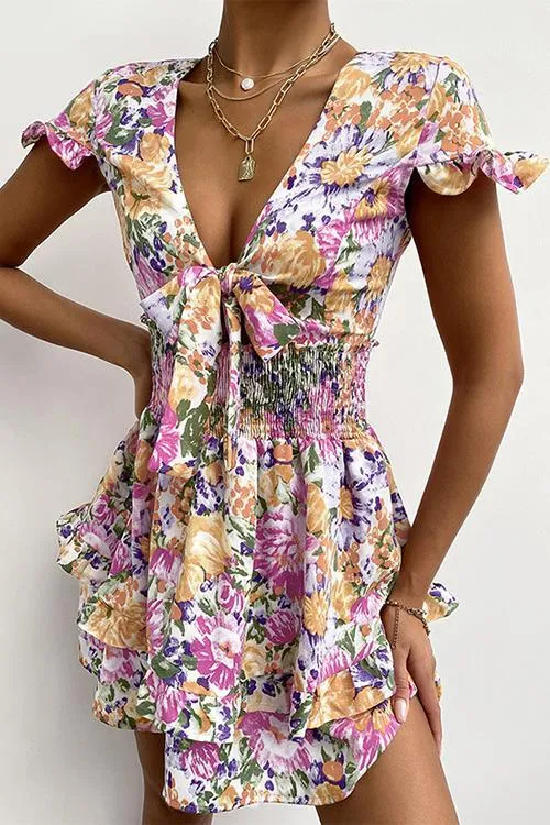 Floral Print Bow Tie Ruffles Mini Dress