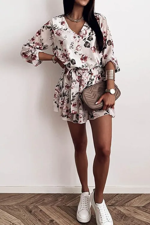 Floral V Neck Belted Mini Dress