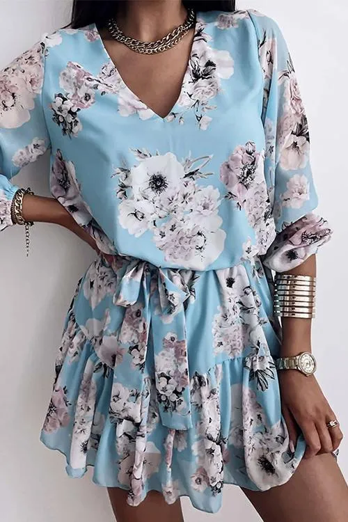 Floral V Neck Belted Mini Dress