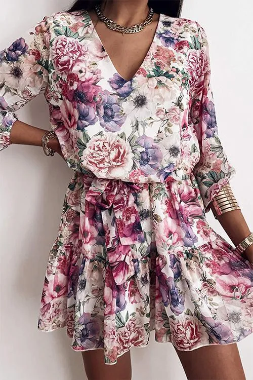 Floral V Neck Belted Mini Dress