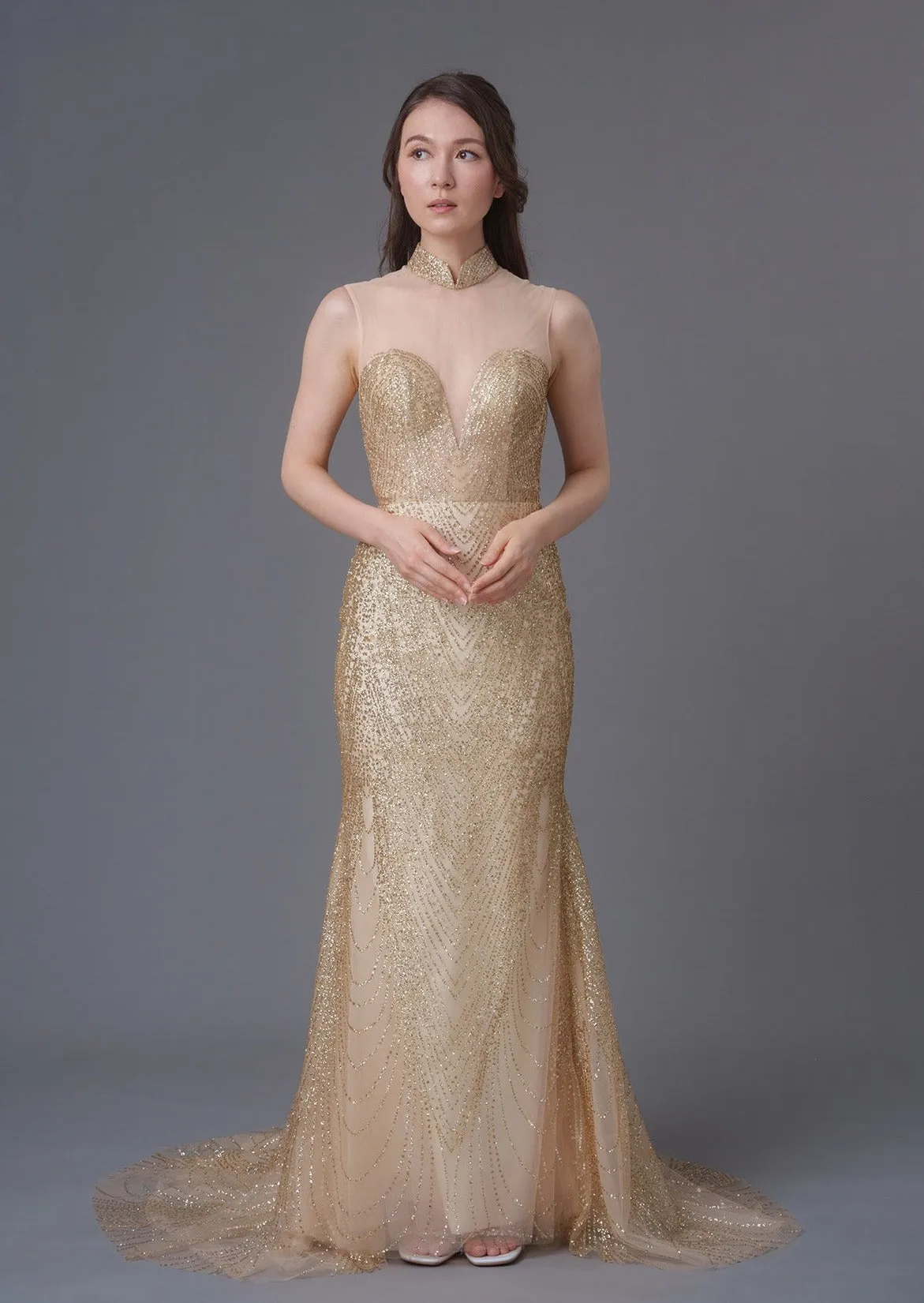 Golden Daffodil Mermaid Bridal Qipao - RTW