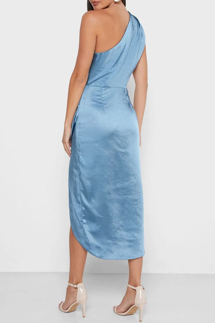 High Slit One Shoulder Satin Cocktail Party Dress - Dusty Blue