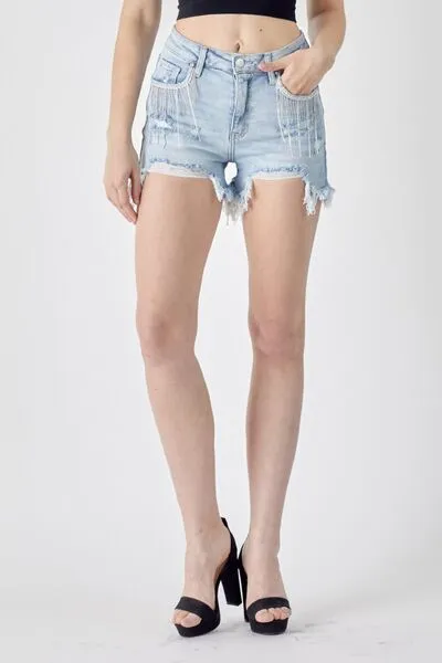 Hot Girl Frayed Hem Rhinestone Detail Denim Shorts