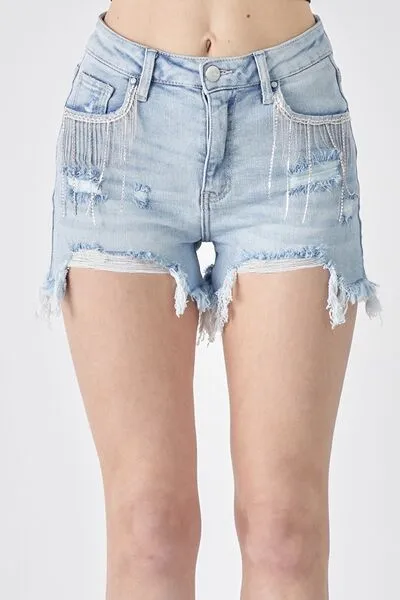 Hot Girl Frayed Hem Rhinestone Detail Denim Shorts