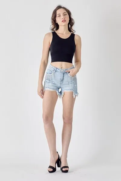 Hot Girl Frayed Hem Rhinestone Detail Denim Shorts