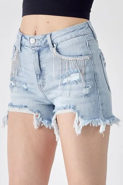 Hot Girl Frayed Hem Rhinestone Detail Denim Shorts