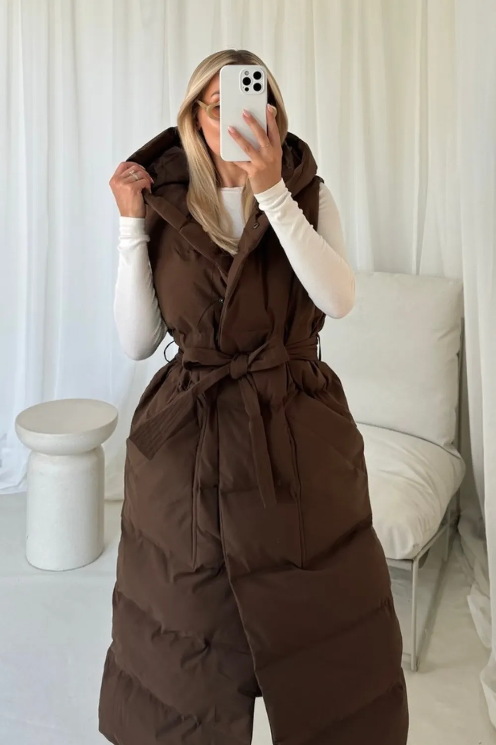 Jasmine chocolate brown padded long hooded gilet