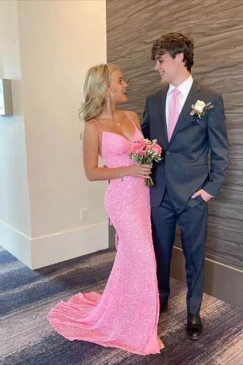 kamahe Elegant Mermaid Sequin Pink Long Prom Dresses Formal Dress