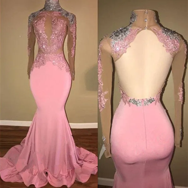 kamahe Gorgeous High-Neck Backless Pink Prom Party GownsMermaid With Lace Appliques