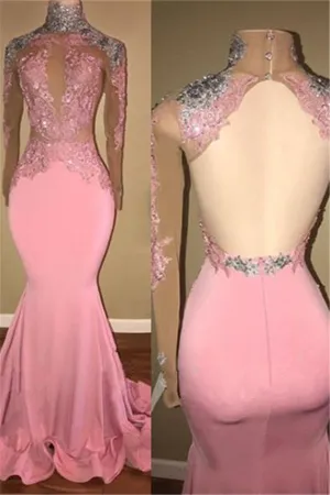 kamahe Gorgeous High-Neck Backless Pink Prom Party GownsMermaid With Lace Appliques