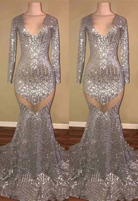 kamahe Long Sleeves Sequins Prom Party Gowns| Mermaid V-Neck Evening Gowns